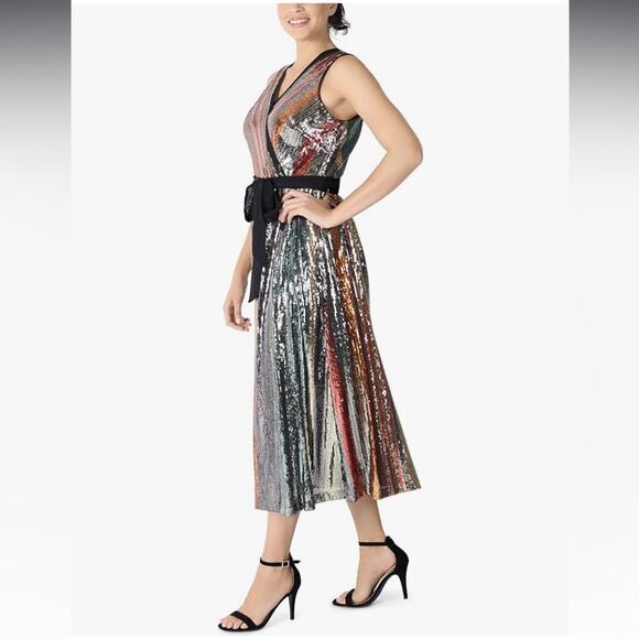 Julia Jordan V-Neck Stretch Multi Colored Sequin A-Line Midi Dress Size 6 - Picture 7 of 12